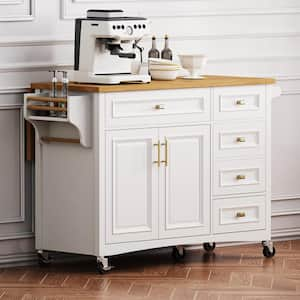 Rolling White Drop Leaf Wood Tabletop 52 in. Embossed Texture Kitchen Island with Adjustable Shelf, Wheels