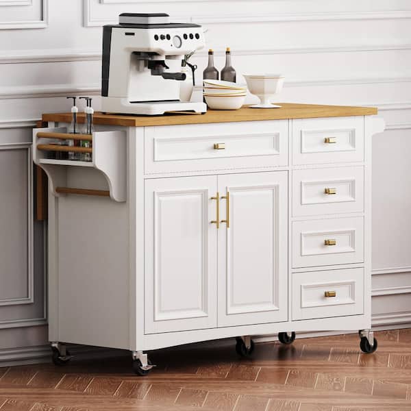 FAMYYT Rolling White Drop Leaf Wood Tabletop 52 in. Embossed Texture Kitchen Island with Adjustable Shelf, Wheels