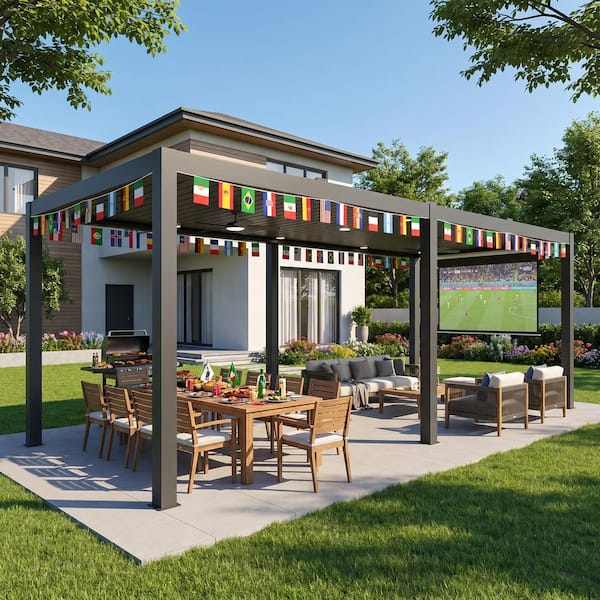 13 ft. x 26 ft. Dark Gray Aluminum Outdoor Patio Louvered Pergola with Built-In Solar Panel, Ceiling Fan and LED Lights