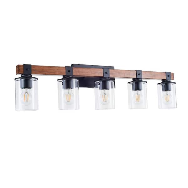 Jushua 33.46 in. 5-Light Rustic Integrated LED Bathroom Light with Clear Glass Shade, Black Vanity Light