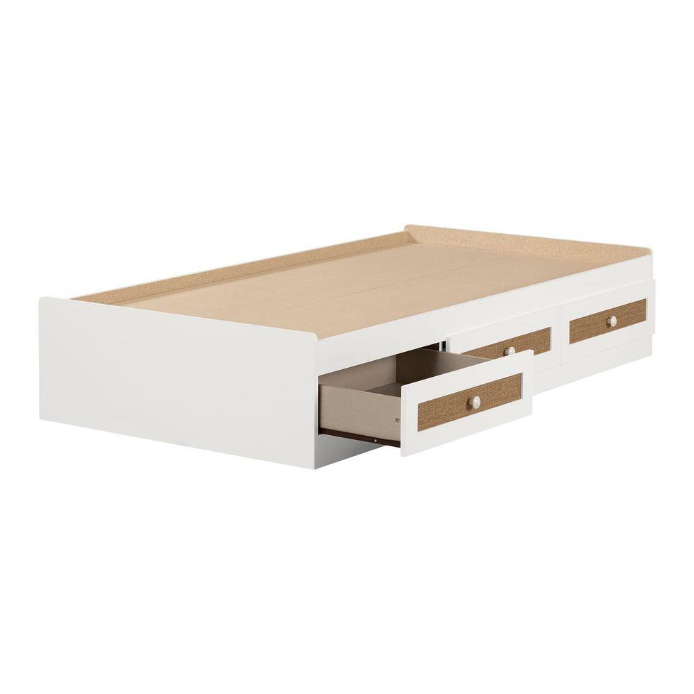 White Twin Platform Bed with Faux Rattan Drawers