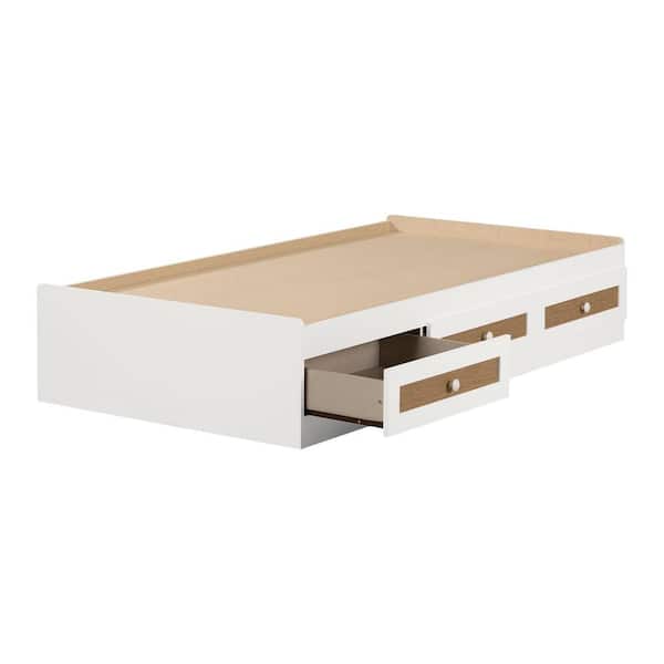 South Shore Bloom Mates Bed with 3-Drawers, White and Faux Printed Rattan