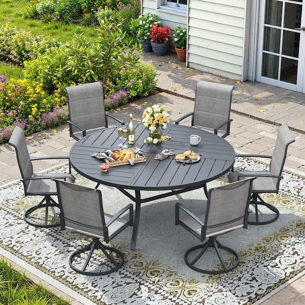 6 person patio set with umbrella JARDINA Outdoor Wood & Rope Dining for 6, 63" Table Hole & Tapered Legs With rust HERACLES All Weather Outdoor 7
