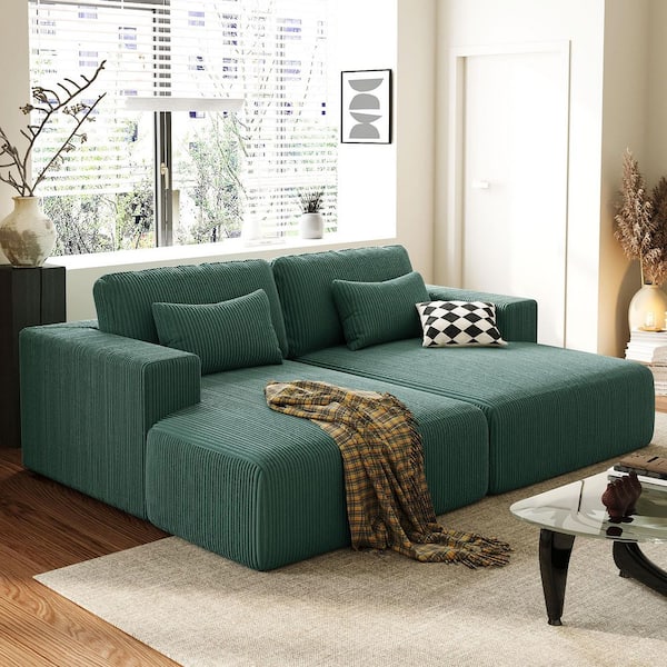 Harper & Bright Designs 86.6 in. Corduroy Sponge Sectional Sofa, Sofa Bed in Green with 2-Pillows, Free-Combined Style, No Assembly Required