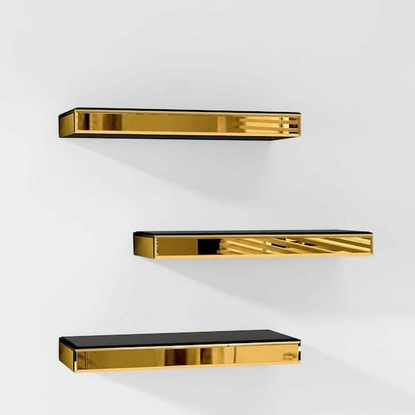15 in. W x 5.5 in. D Gold Glass Decorative Wall Shelf Set of 3