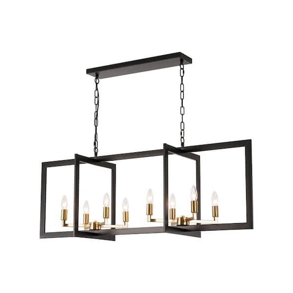 Jamii 8-Light Industrial Matte Black and Brass Rectangular Frame Pendant Lighting for Dining Room or Kitchen Island