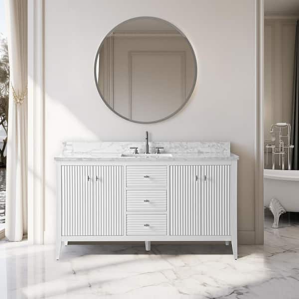 Vanity Art 60 in. W x 22 in D x 38 in. H Single Sink Bath Vanity Cabinet in Linear White with Engineered Marble Top