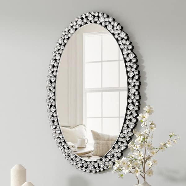 THKSHOUZ Crystal Silver Grass 23.6 in. W x 35.4 in. H Luxury Oval Glass Framed Mirror