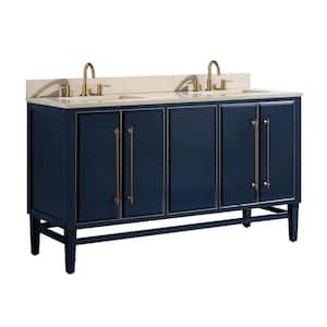 Mason 61 in. Double Sink Navy Blue with Gold Trim Bath Vanity with Crema Marfil Marble Top