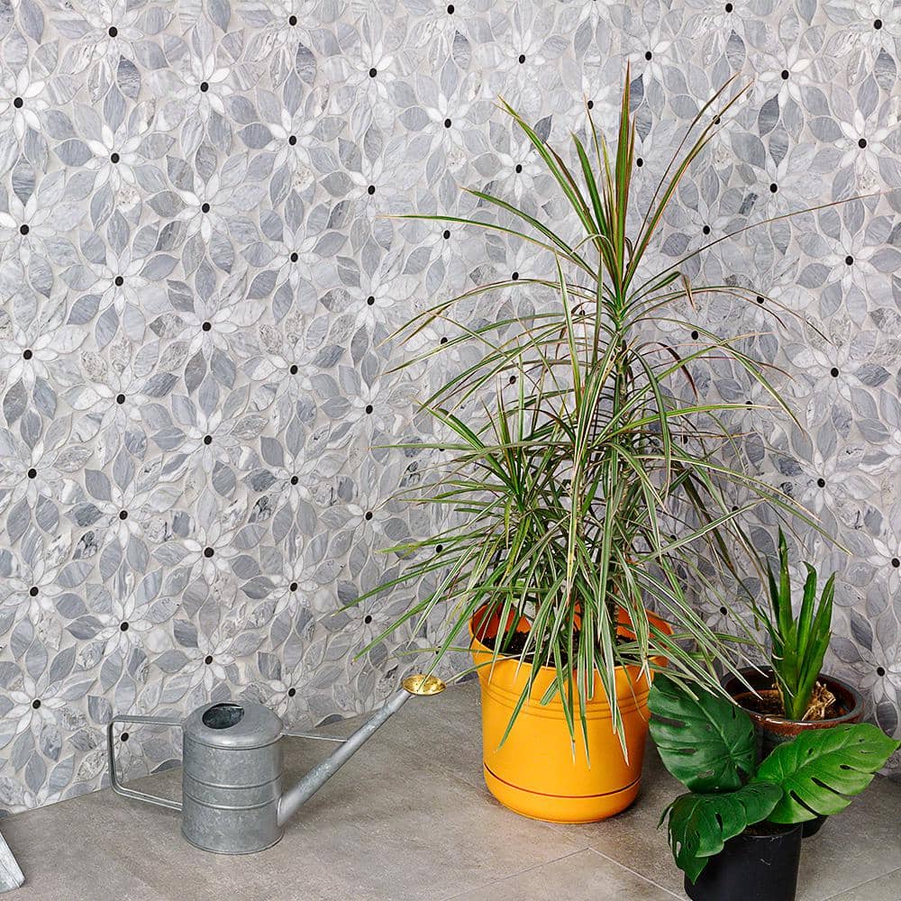 Thistle Blue Marble Flower Mosaic Tile Sheet