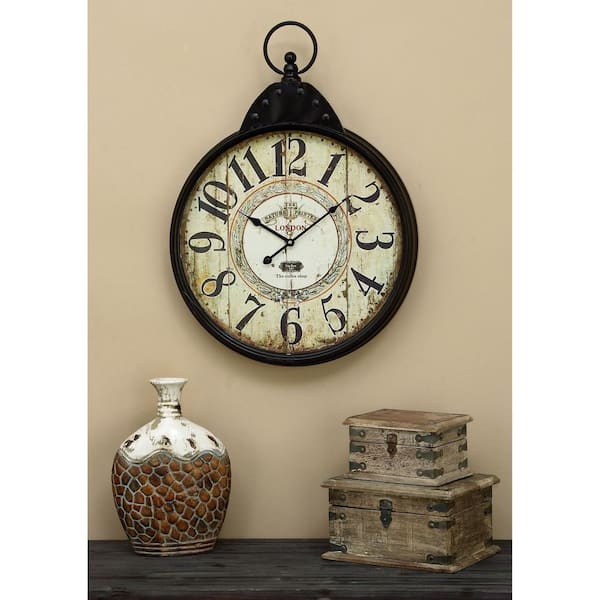 20 in. x 28 in. Black Metal Distressed Pocket Watch Inspired Wall Clock with Beige Clockface