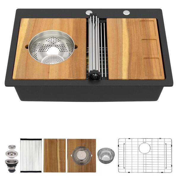 33 in. Drop-In Single Bowl White Granite Composite Workstation Sink with Mixing Bowl and Pasta Strainer
