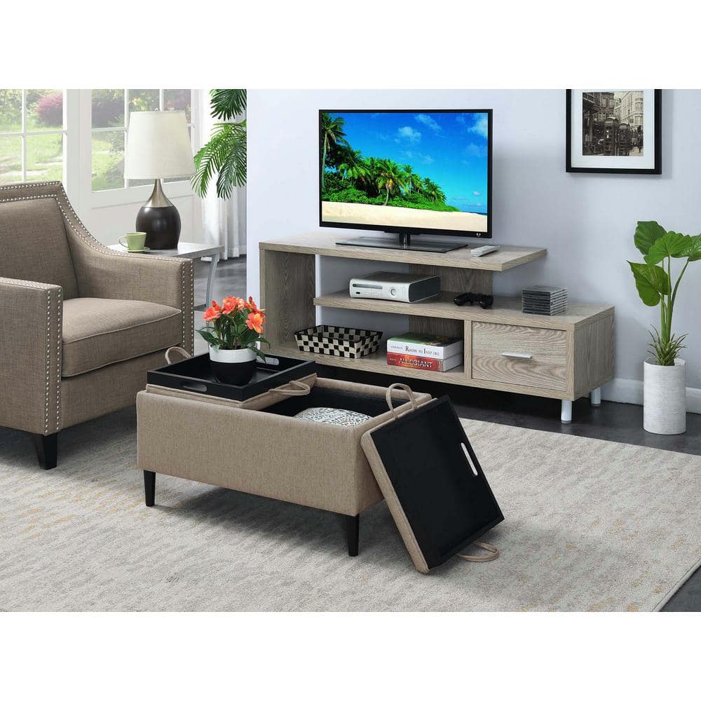Soft Beige Fabric Magnolia Storage Ottoman with Reversible Tray Tops