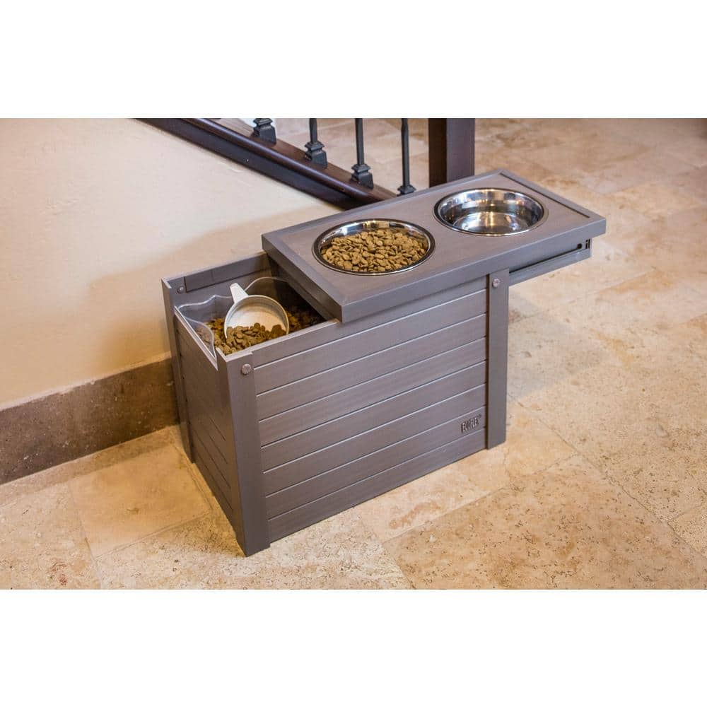 Gray Elevated Stainless Steel Dog Bowl Stand with Storage