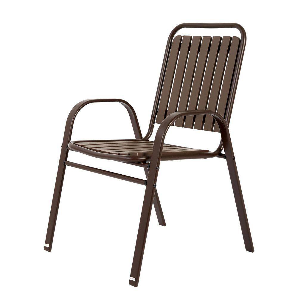 A dark brown metal outdoor armchair with a slatted seat and backrest.