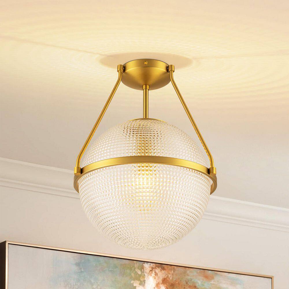 Lena 14.17-in. 1-Light Brushed Gold Modern Industrial Semi-Flush Mount with Clear Grid Glass Globe Shade price history on PriceWatchPro