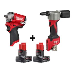 M12 FUEL 12-Volt Lithium-Ion Brushless Cordless Stubby 3/8 in. Impact Wrench and Rivet Tool with Two 3.0 Ah Batteries