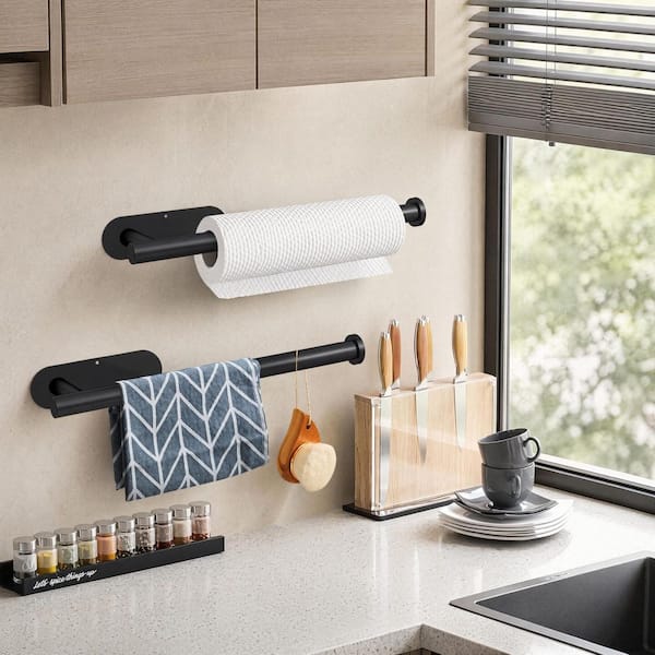 Under Cabinet Wall Mount Black Stainless Steel Paper Towel Holder Self-Adhesive Bar Rack 1-Piece
