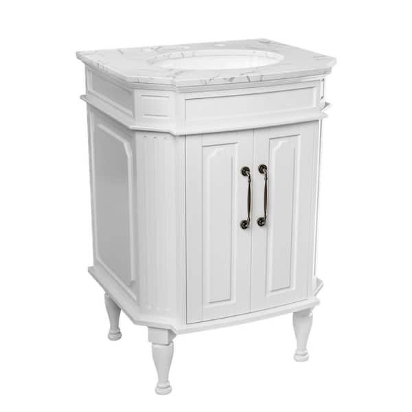 24 in. White Wood Single Sink Freestanding Bathroom Vanity with White Marble Top (Assembled)