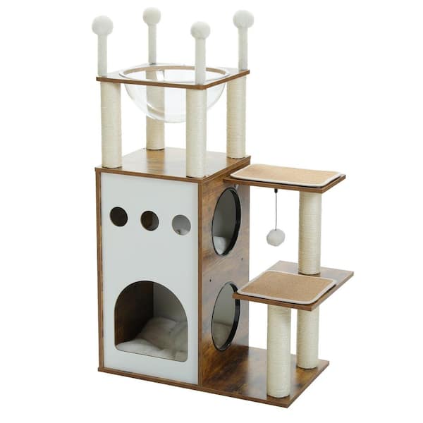 cenadinz Modern Cat Tree 42.5 in. Wooden Cat Tower with 2-Floor Condo Cat Furniture with Cat Scratching Posts in Brown