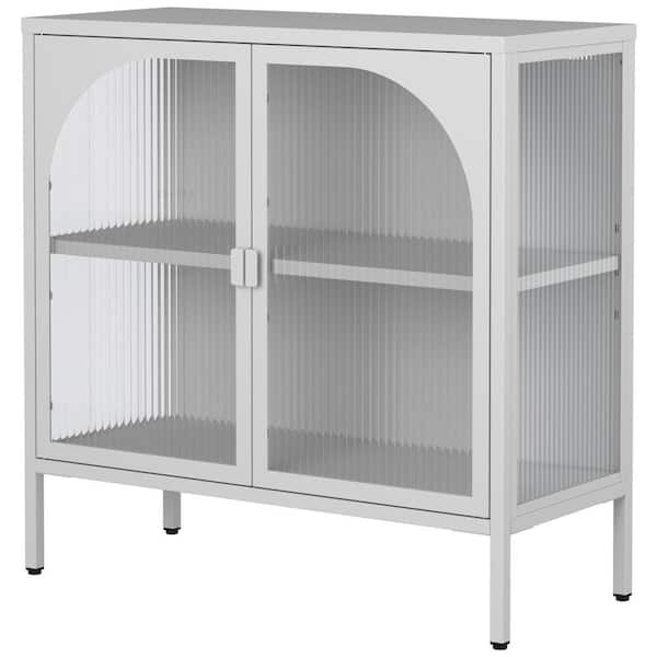 Metal Sideboard Cabinet, Accent Storage Cabinet with 2-Glass Doors in White with Adjustable Shelves
