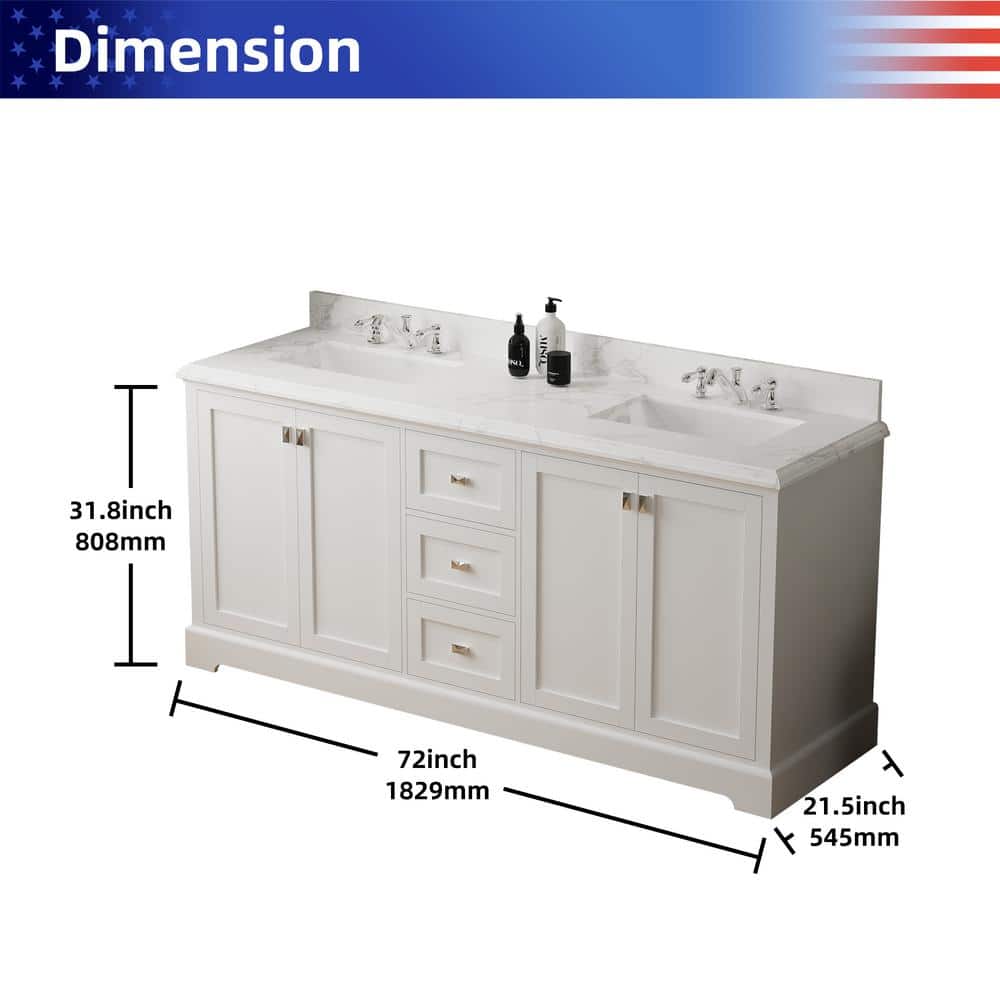 72'' White Plywood Double Bathroom Vanity with Marble Top