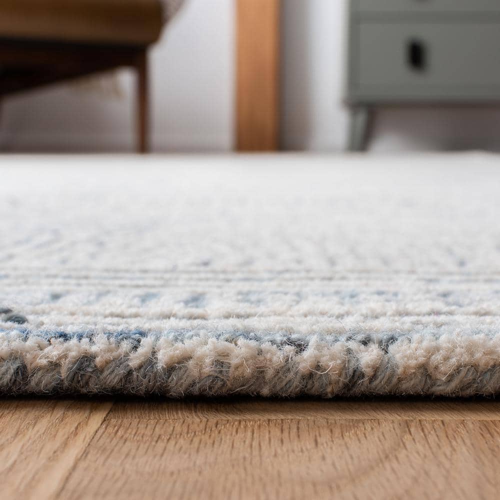 Ivory and Blue Abstract Wool 4' x 4' Square Rug