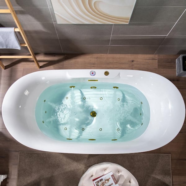 72 in. x 35 in. Acrylic Freestanding Whirlpool and Air Combination Heated Bathtub in White with Gold Trim