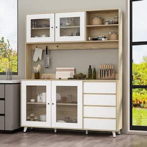 Glass Doors Light Brown Large Pantry Kitchen Cabinet With Hutch, 4-Drawers, Hooks 74.8 in. H x 63 in. W x 15.7 in. D