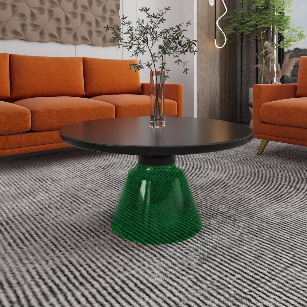 30 in. Round Coffee Table Glass Tabletop with Gold Iron Rim Frame and Glass Pedestal Base in Green/Black price history on PriceWatchPro