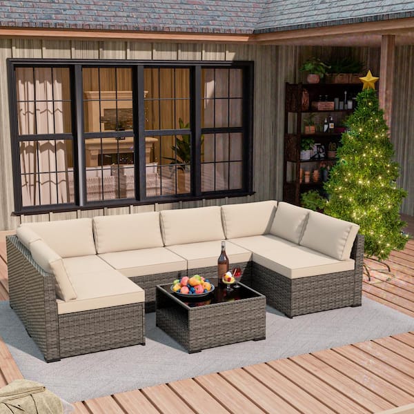 MeetLeisure 7-Piece Wicker Outdoor Patio Conversation Sectional Set Coffee Table with Beige Cushions and Free Christmas Tree