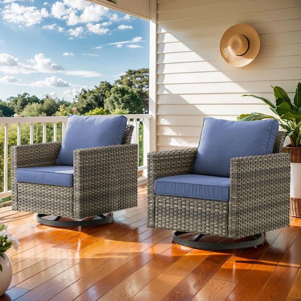 Gray Swivel Wicker Outdoor Rocking Chair with Blue Cushions and Glide Function (2-Pack)