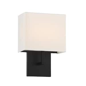Kovacs 1-Light Black LED Wall Sconce with White Fabric Shade with Etched Diffuser