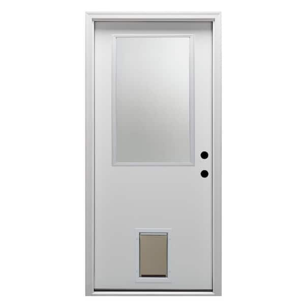 MMI Door 30 in. x 80 in. Classic Left-Hand Inswing 1/2-Lite Clear Primed Fiberglass Smooth Prehung Front Door with Pet Door