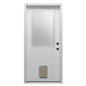 32 in. x 80 in. Classic Left-Hand Inswing 1/2-Lite Clear Primed Fiberglass Smooth Prehung Front Door with Pet Door