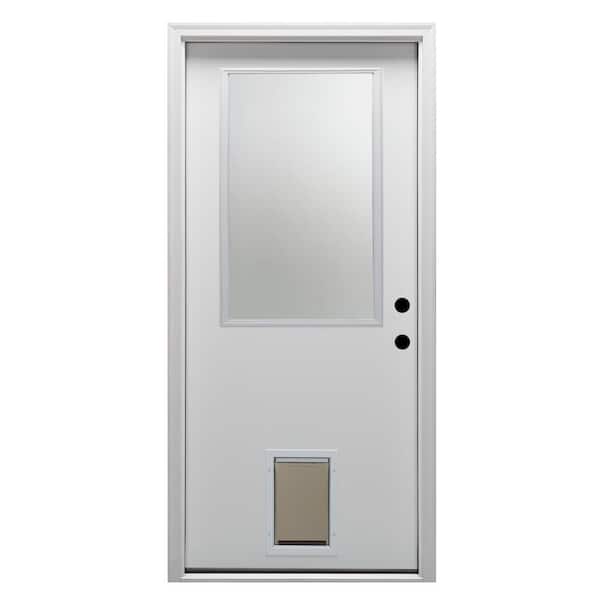 MMI Door 32 in. x 80 in. Classic Left-Hand Inswing 1/2-Lite Clear Primed Fiberglass Smooth Prehung Front Door with Pet Door