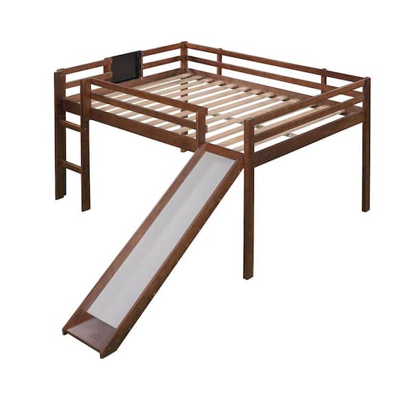 URTR Full Size Loft Bed Wood Bed with Slide, Ladder, and Chalkboard, Loft Bed for Kids, Teens, No Box Spring Needed, Walnut