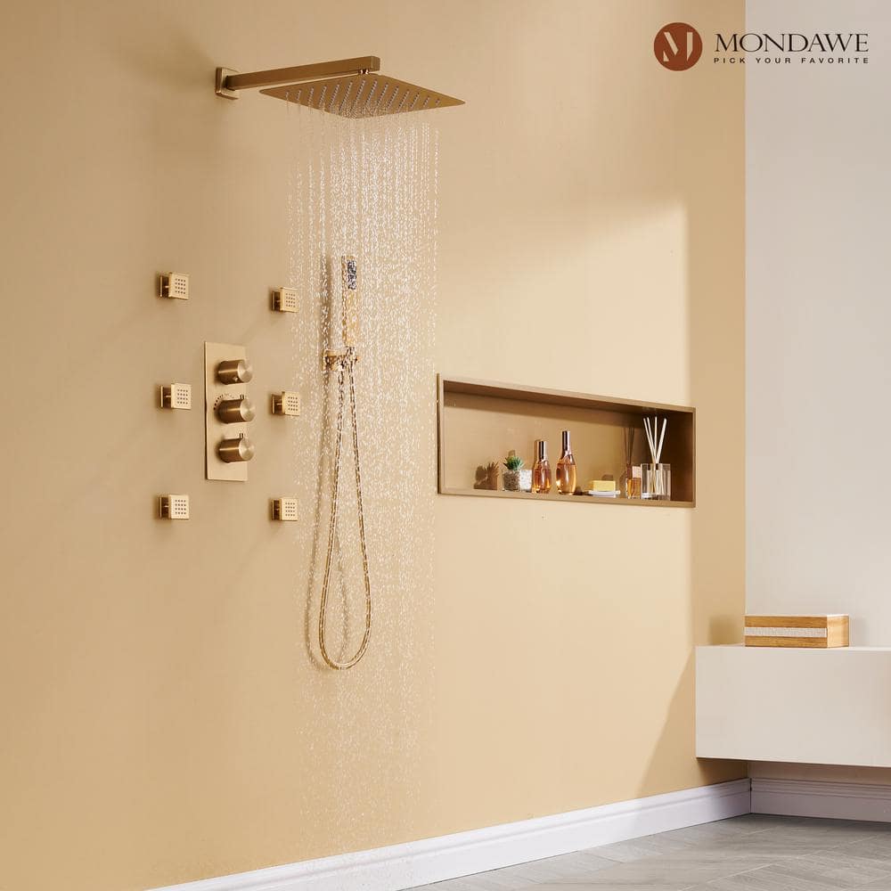 Brushed Gold Dual Square Wall Mounted Shower System with Body Jets