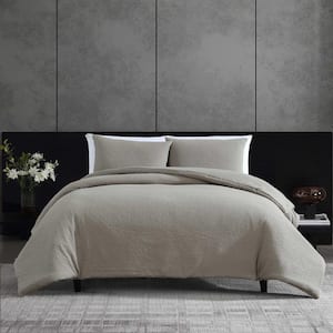 Puckered Texture 3-Piece Grey Cotton Blend Queen Duvet Cover Set