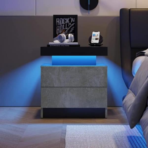 Clihome Gray 2-Drawers 19.3 in. W Nightstand LED Bedside Table Cabinet Modern End Side Table