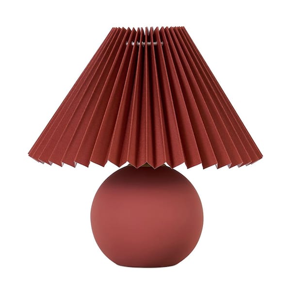 Serena 10 in. LED Matte Red Midcentury Round Globe Bedside Nightstand Desk Lamp with Red Pleated Empire Shade