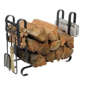 Handcrafted Large Modern Firewood Rack with Tools Hammered Steel