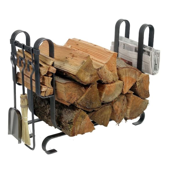 Enclume Handcrafted Large Modern Firewood Rack with Tools Hammered Steel