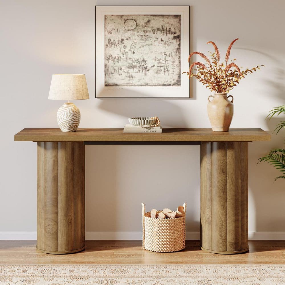 BYBLIGHT Turrella 70/87 in. H Light Brown Rectangle Wood Console Table ...