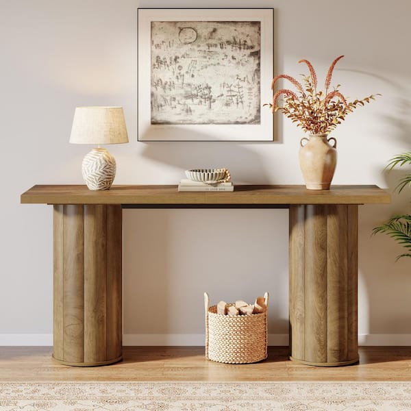 BYBLIGHT Turrella 70/87 in. H Light Brown Rectangle Wood Console Table ...