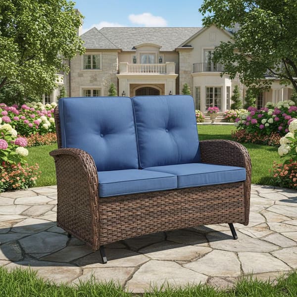 2-Person Wicker Patio Outdoor Glider with CushionGuard Blue Cushions