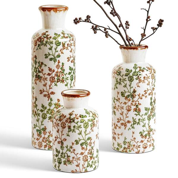 Vintage 10.6 in. Vine Green Ceramic Bottle Decorative Vase（3pcs）