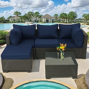 Black 5-Piece Wicker Outdoor Sectional Set with Dark Blue Cushions for Garden, Pool