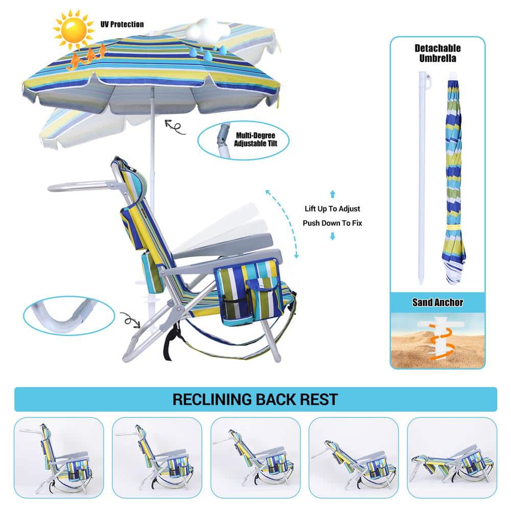 Striped Blue and Green Outdoor Beach Chair Set with Umbrella and Cooler, 2-Pack
