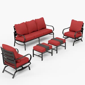 Black 5-Piece Metal Slatted 7-Seat Outdoor Patio Conversation Set with Red Cushions 2 Rocking Chairs 2 Ottomans
